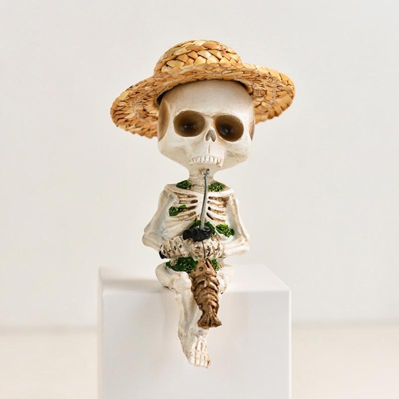 Miniature Resins Skeleton Fishing by Pond Intricate Detailing Figurine Gift for Collectors and Halloween Enthusiasts