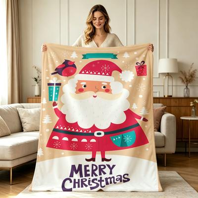 Soft Warm Flannel Christmas Throw Blanket with Cute Santa Claus Snowman Bird Gift Box Holiday Print All Season Use for Sofa Couch Bed Living Room Bedr
