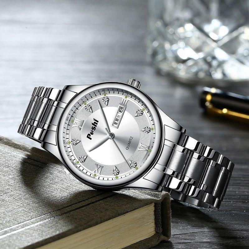 POSHI Men's Electronic Quartz Watch Waterproof Luminous Double Calendar Large Dial Stainless Steel Men's Watch