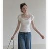 French Lace Patchwork Square-neck Mini Top for Women, Summer New Drape Folded Collar/inch Sleeve Wrench Sleeve