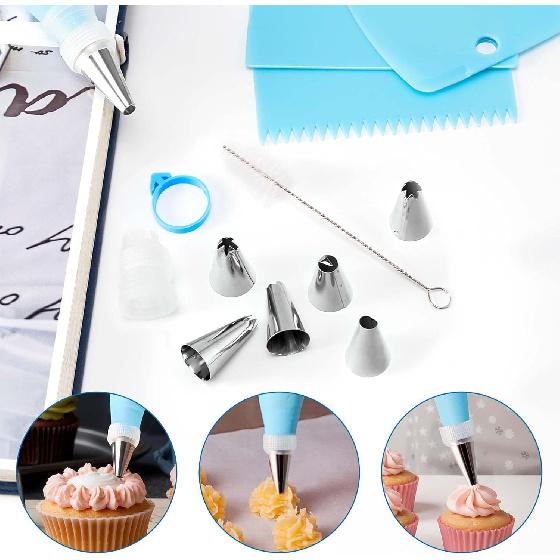 34PCs Cake Decorating Kit–Piping Bags and Tips Set With 24 Stainless Steel Piping Tips,2 Reble Silicone Piping Bags,3 Smoothers, 2 Couplers,2 Bag