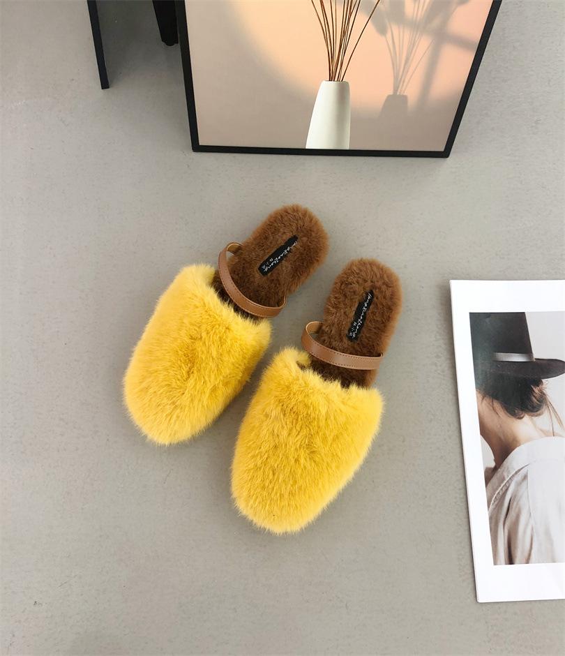 2025 autumn and winter fluff drag round head average size skin tone plush spot comfortable Korean version bag head thick heel