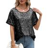 Women Tops Round Neck Short Sleeve Loose Fit Tee Shirt Sparkling Sequins Casual Shirt Versatile Summer Tops