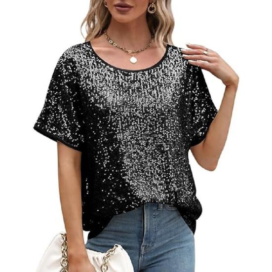 Women Tops Round Neck Short Sleeve Loose Fit Tee Shirt Sparkling Sequins Casual Shirt Versatile Summer Tops