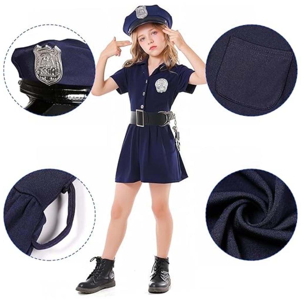 Disfraz de Policía para Niñas 5-6 Años 130 cm Conjunto Azul Marino con Gorra Silbato y Esposas
