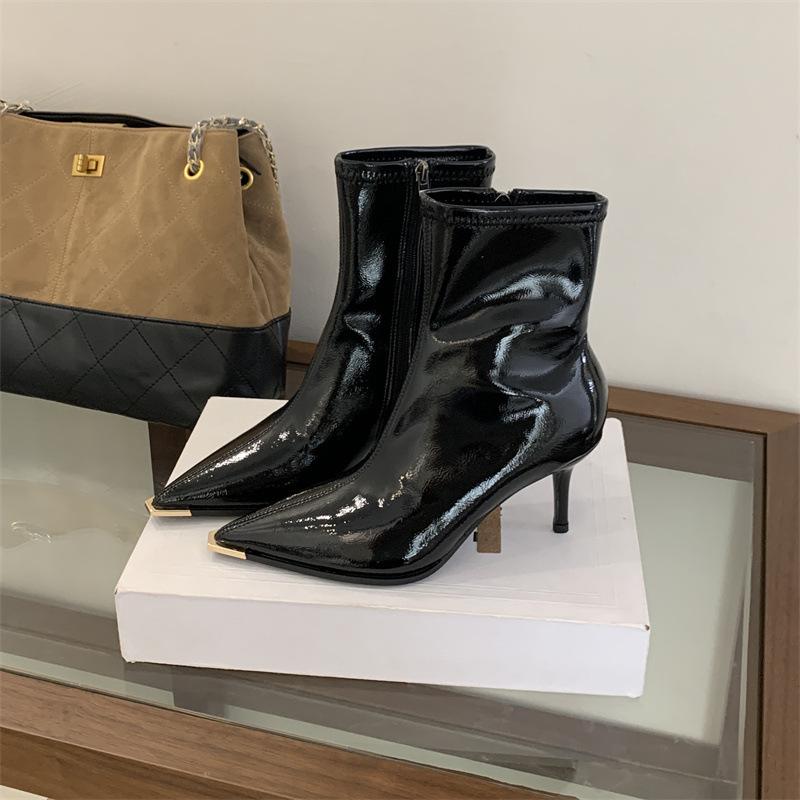 2025 autumn and winter new fashion boots metal pointed temperament short boots thin boots Muse fan pointed thin heel high heel boots