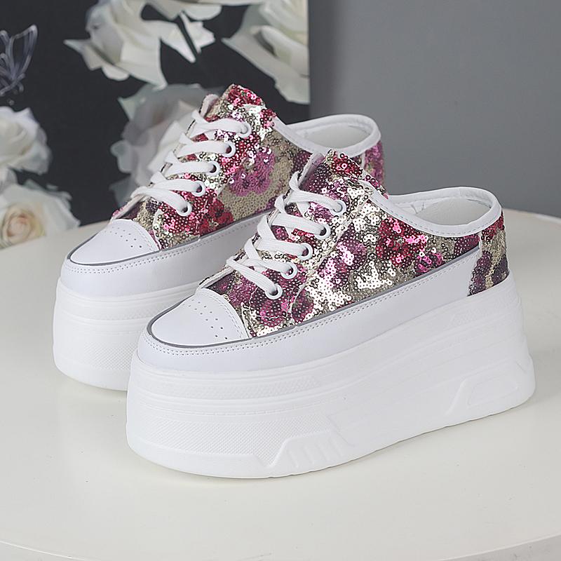 Fashion 12CM Platform Slippers Wedge Shoes Women Summer Platform High Sequined Slipper Air Mesh Breathable Women Summer Shoes