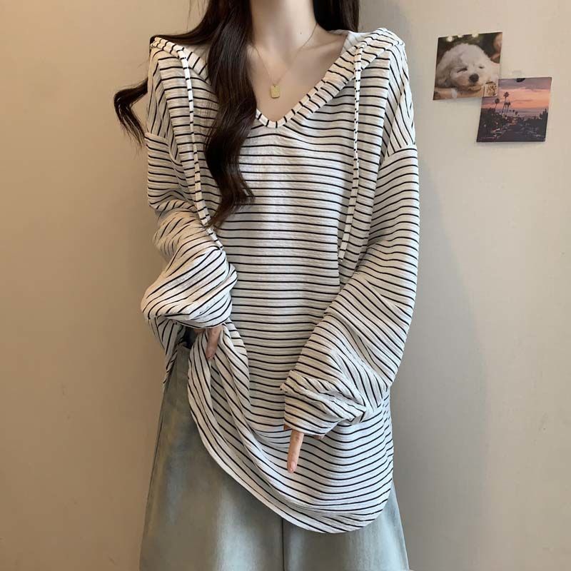 Korean Striped Hooded T-shirt Loose Commute Drawstring Spring Autumn Casual Basic Long Sleeve Pullovers