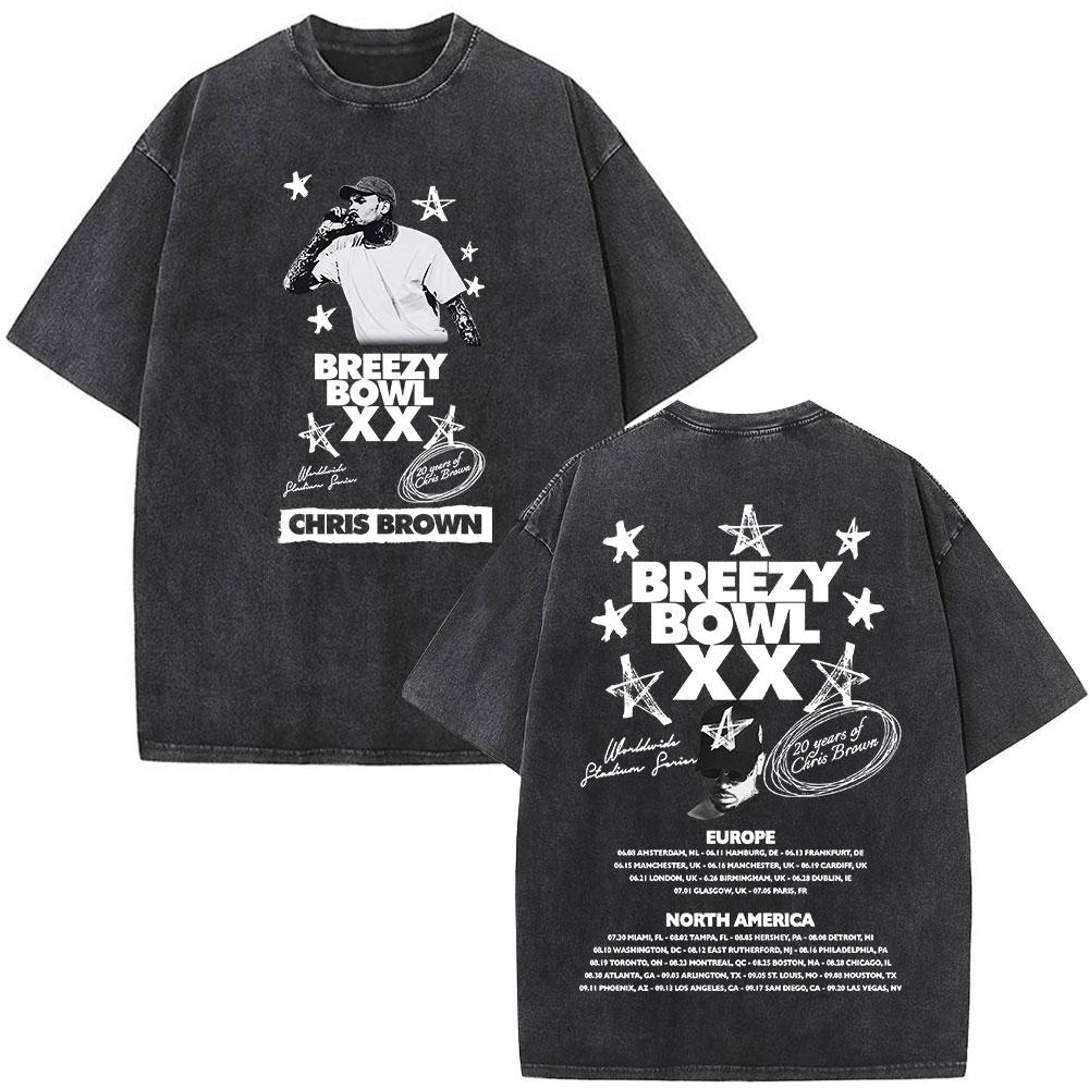 Rapper Chris Brown Breezy Bowl XX Tour 11:11 Vintage Washed T-Shirt Herren Damen Mode Hip Hop T-Shirts Baumwolle Oversized T-Shirts
