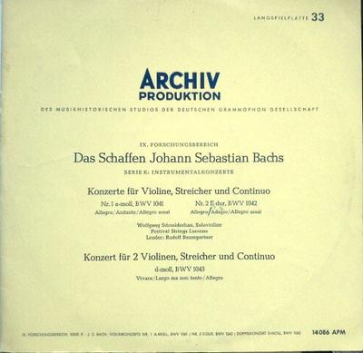 LP Record JOHANN SEBASTIAN BACH - WOLFGANG SC - Konzerte Für Violine, Streicher Und 14086APM Archiv Produkti 1959 Germany Classical Used