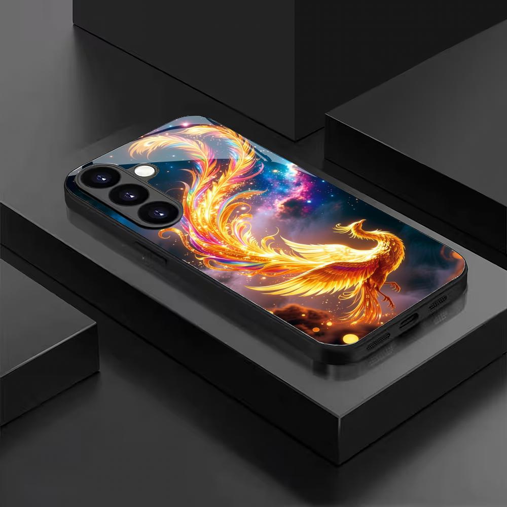 Fire Phoenix tempered glass phone case suitable for Samsung Galaxy S26 S25 S24 S23 S22 S20 FE/Ultra/Plus anti drop back cover