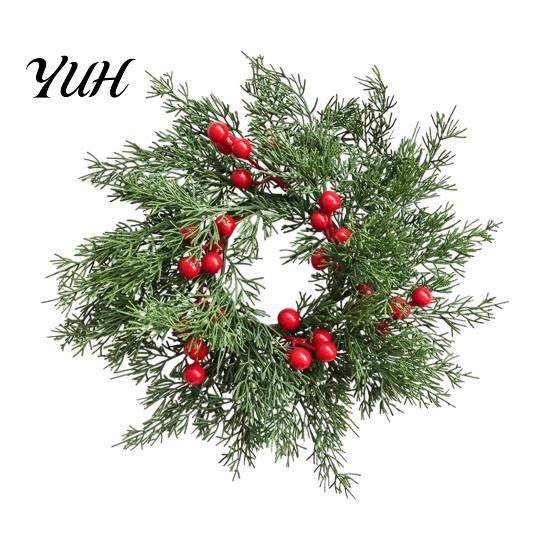 Seasonal Home Table Accent Christmas Candlestick Wreath, Red Poinsettia Pine Needle Candle Ring Decorative Base Wreath with Berries, Tabletop