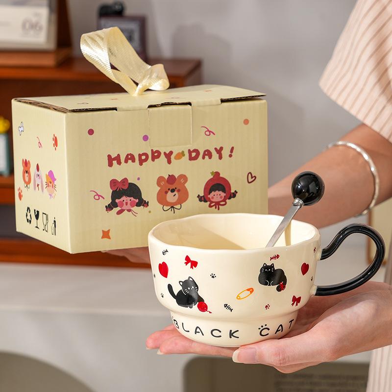 Creative Little Black Cat Ceramic Cup with Spoon for Home Use Large Capacity Office Couple Cup High Value Souvenir Gift Mug