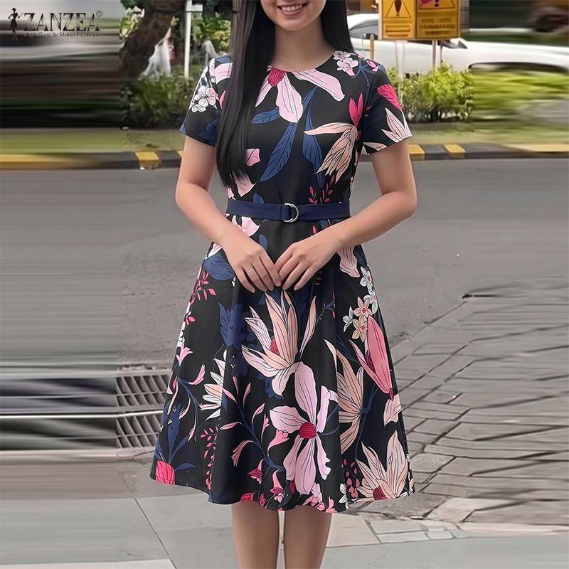ZANZEA Women Summer Casual Round Neck Short Sleeve Boho Floral Print Dress