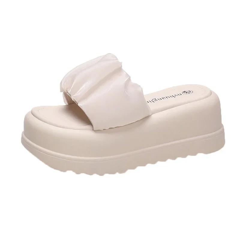 Summer Women Lace Chunky Slippers Beach Flip-Flops Wedge Heels Shoes Woman High Platform Slippers Outside Sandals 7CM Slides
