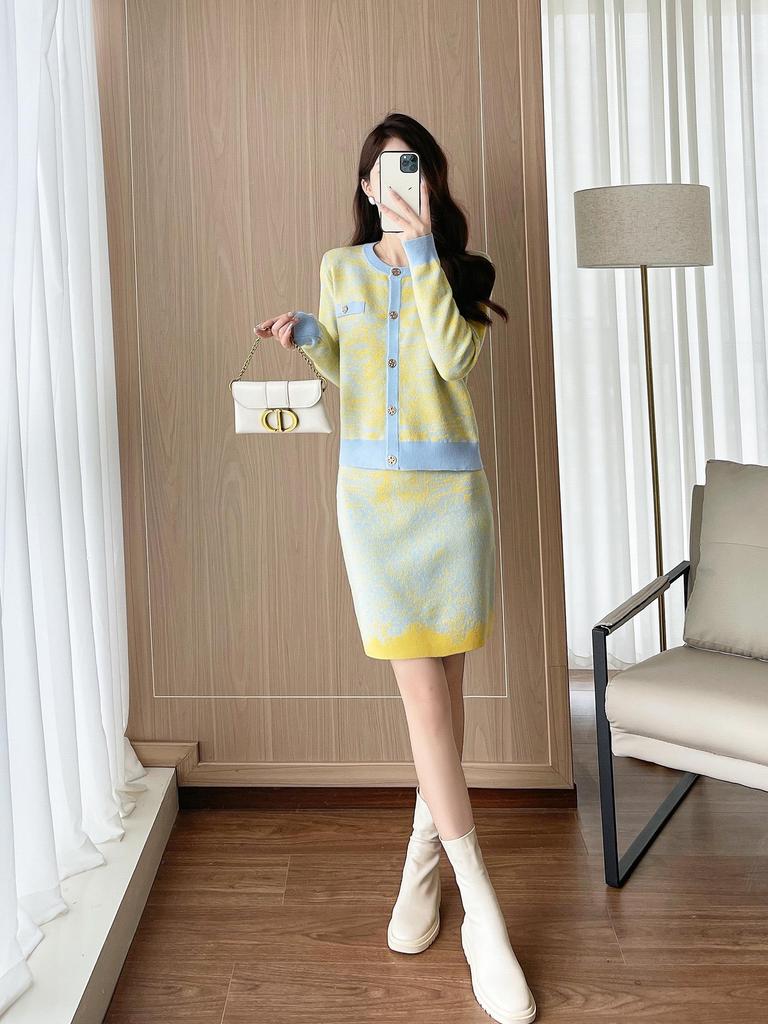 Thirteenth Street Women's High-End Fashion Knit Cardigan & Midi Skirt Set for Autumn/Winter.