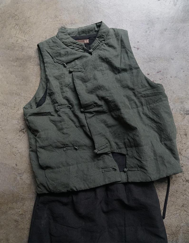 Johnature Women Stand Bead Quilted Vest Retro Polyester Solid Color Loose Padded Coat Winter Sleeveless Button Clothes