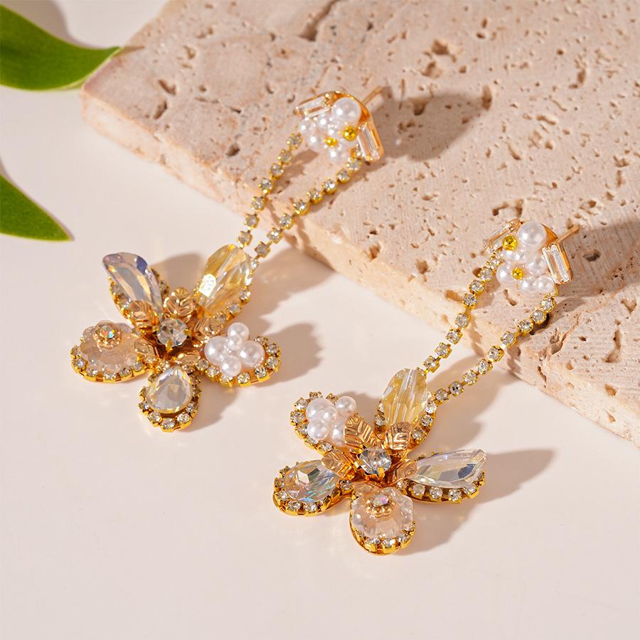 

Серьги-цветы со стразами и искусственным жемчугом, женские французские серьги-подвески