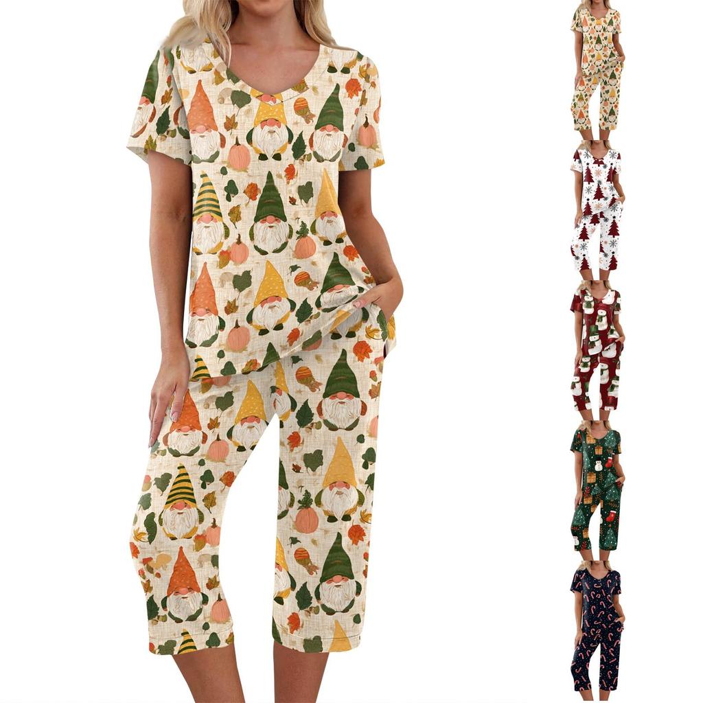 Women's Casual Two-Piece Set - Christmas Print Short Sleeve Top and Pants