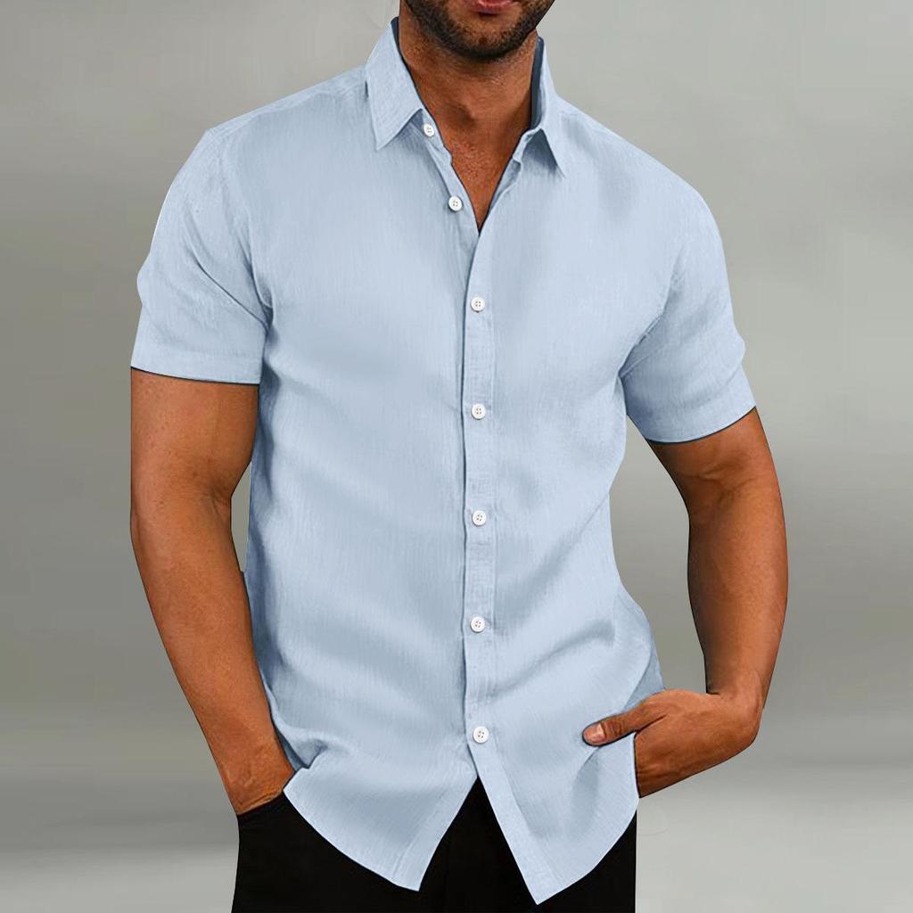 Men's Retro Solid Color Cotton Linen Shirts Casual Summer Loose Short Sleeve Lapel Shirt