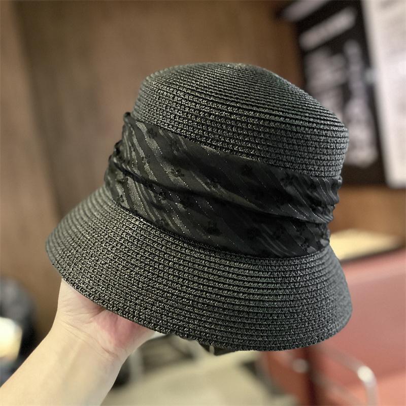 Hat women's summer straw fashion versatile bucket hat elegant flat top straw hat sunshade sunscreen basin hat