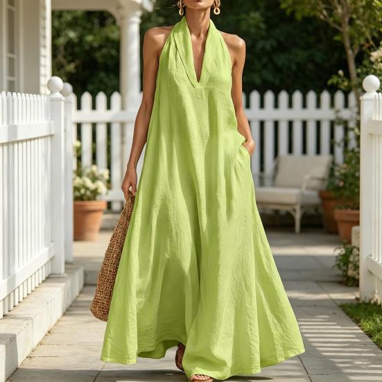 Sommer-Maxikleid für Damen, lässig, ärmellos, Neckholder, V-Ausschnitt, Revers, langes Kleid, Strandurlaub, fließendes Sommerkleid mit Taschen