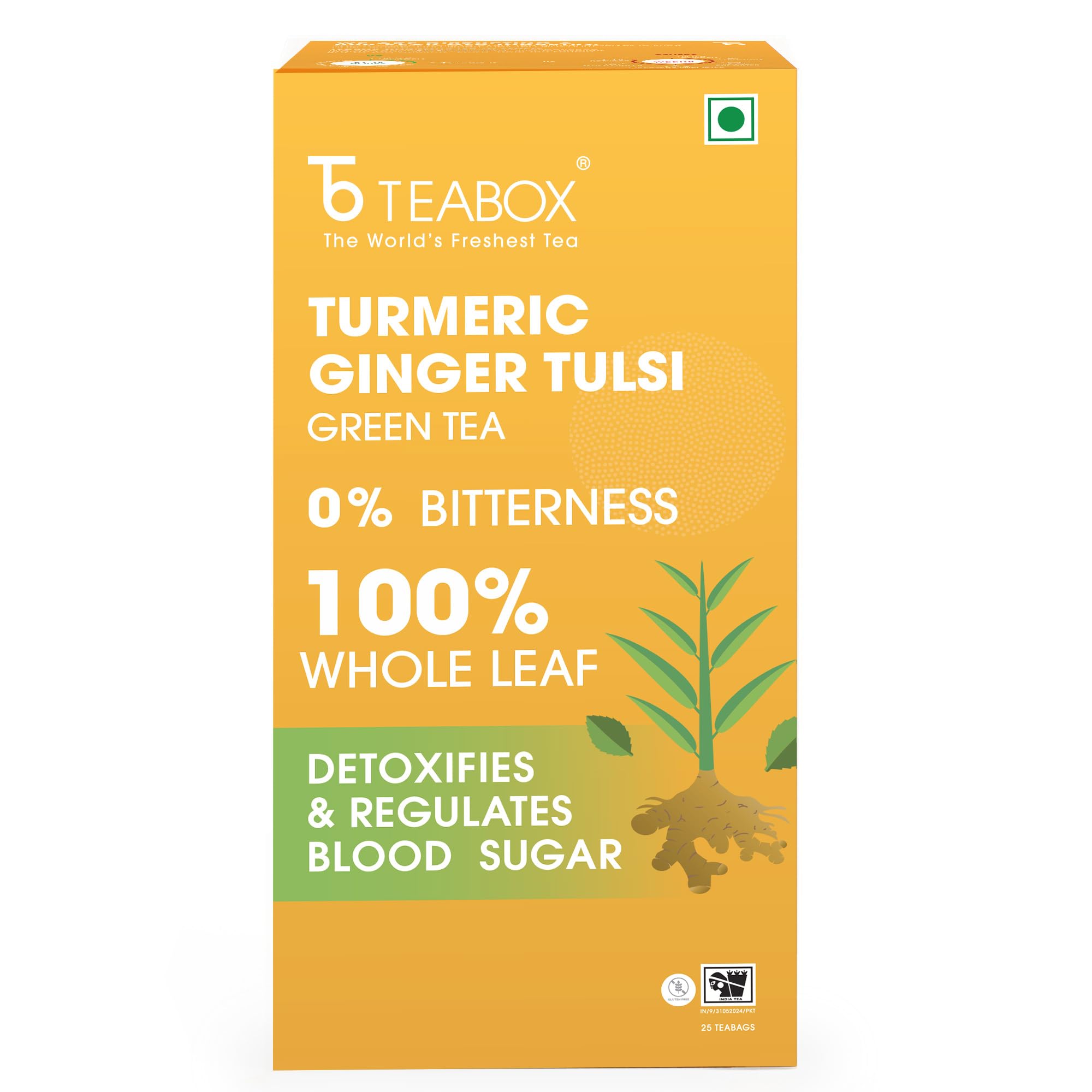 Teabox Turmeric Ginger Tulsi Green Tea Bags 25 Pieces | Flavorful & Soothing | Made with Whole Leaf, Natural Ginger, Turmeric & Tulsi