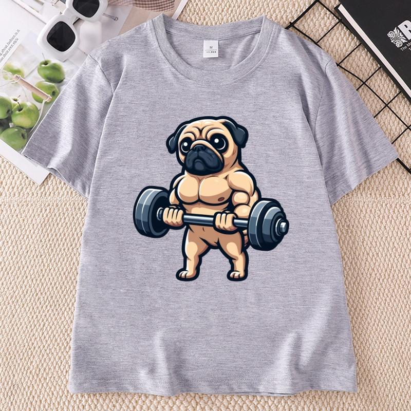 Pug Bodybuilding Weightlifting T Shirt Kawaii Cute Graphic T Shirts Casual Round Neck Printed Short Sleeve Tees Clothes