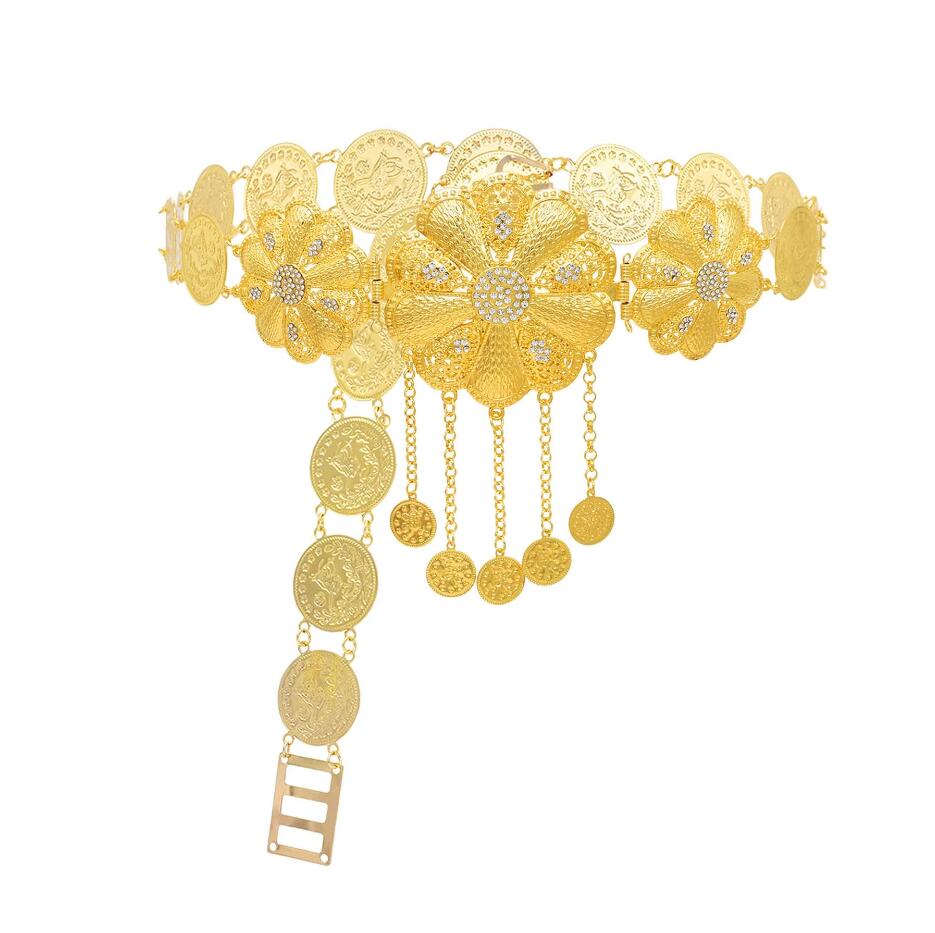 Gold Large Flower Rhinestone Long Chain Coin Tassel Metal Belt Body Jewelry