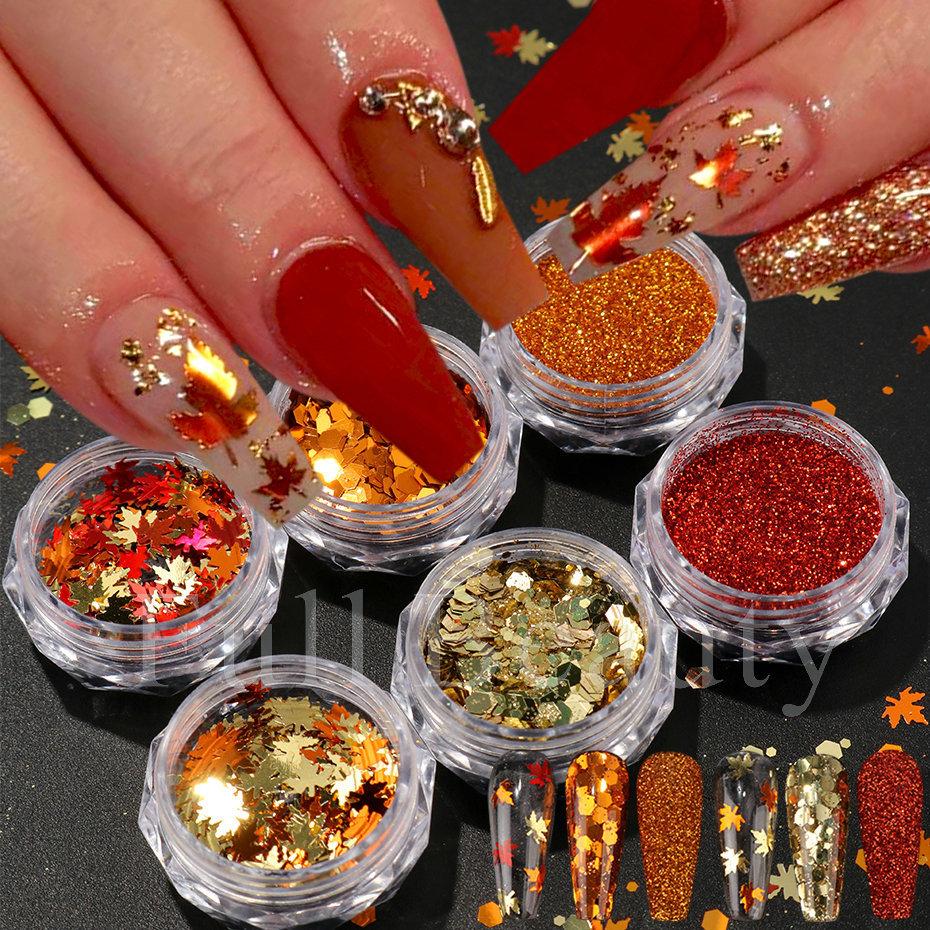 Nail Art Sequins Ins Autumn Thanksgiving Maillard Color Fantasy Maple Leaf Sequins Glitter Set