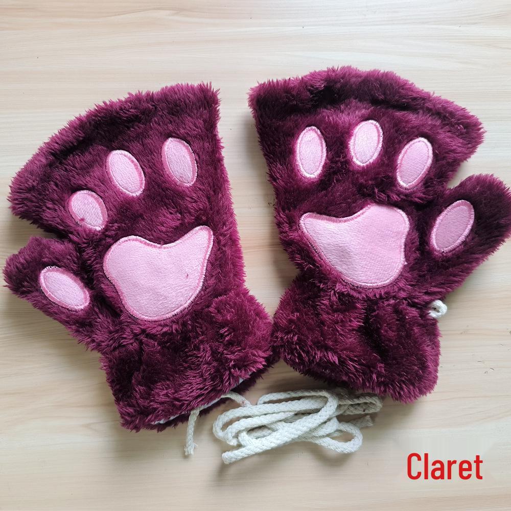 Women's Cute Cartoon Bear Paw Fingerless Plush Gloves with Hanging Neck