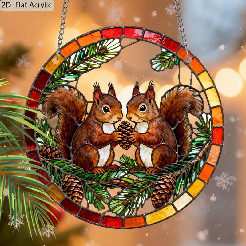 Acrylic Pair of Squirrels with Pinecone Suncatcher Stained Glass Effect Window Hanging Ornament Autumn Forest Themed Gift for Home