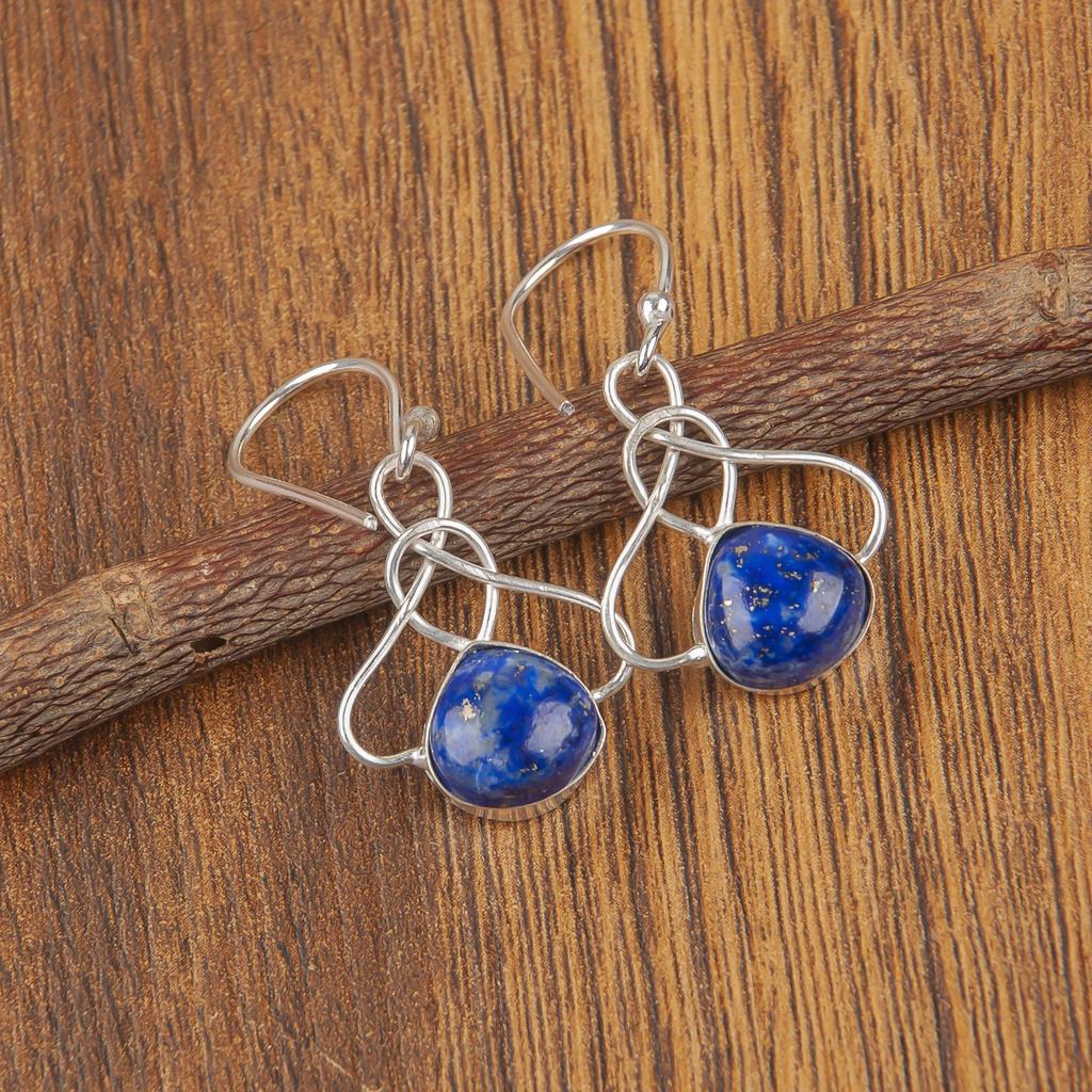 Natural Lapis Lazuli Gemstone 925 Sterling Silver Handmade Drop Earrings 1.50" For Anniversary Gift EE-2-24