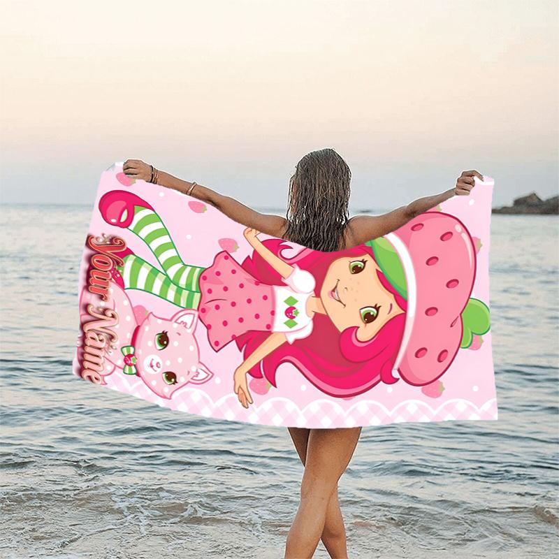 1pc Princess Strawberry Beach Towel with Custom Name, Beach and Seaside Swimming Pool Equipment, Fashion Pattern, Rectangular, Travel Essential