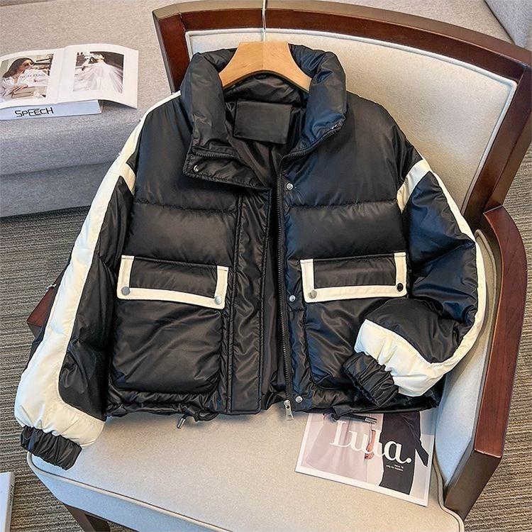 Winter PU Leather Jacket Stand Collar Short Loose Fit Sporty Padded Coat for Women