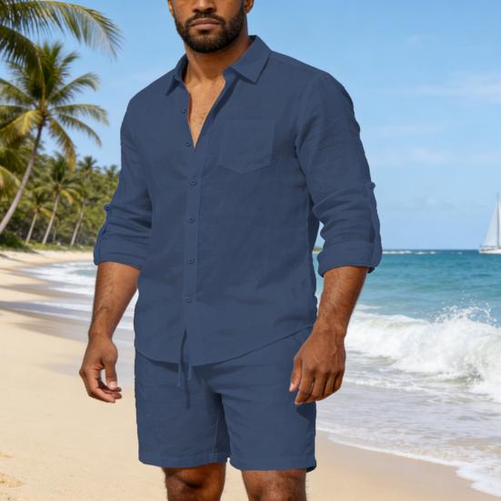 Men Long Sleeve Shirt Turndown Collar Button-Down Shirt Loose Fit Solid Color Shirt for Summer Beach Vacation Travel