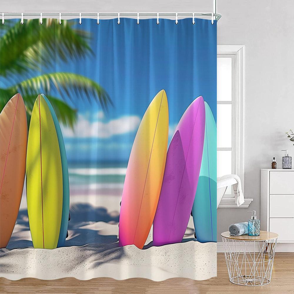 Camping Surf Duschvorhänge Sommerurlaub Reisender Wohnmobil Strand Kokospalmen Meerufer Badezimmerdekorationen Retro Badevorhänge