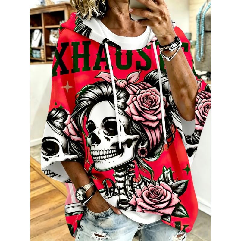 Damen Kapuzentop in Übergröße, Taro-Lila, Amerikanischer Rebell Schädel und Rosen Print, Lockere überschnittene Ärmel, Kapuzenpullover