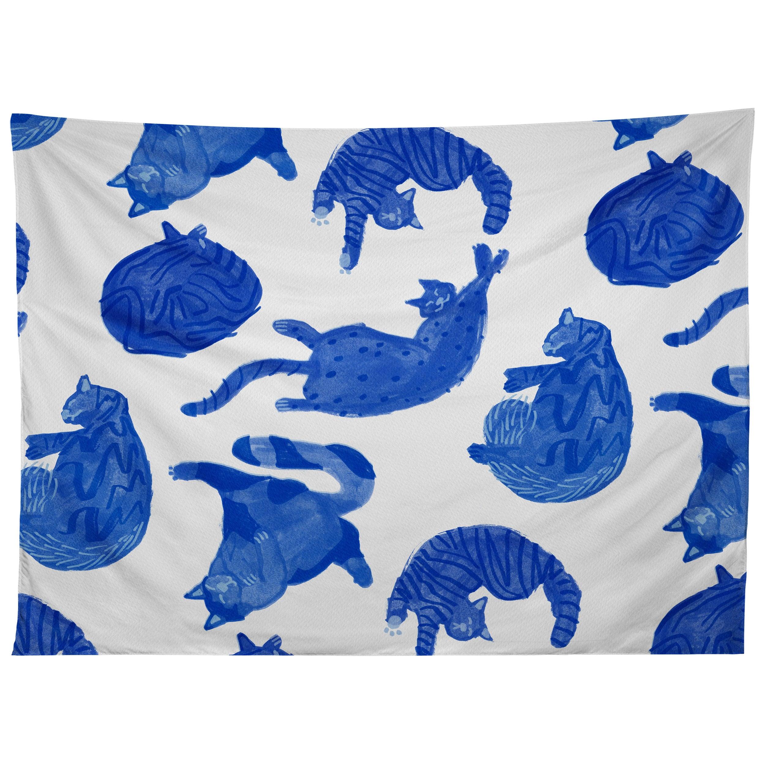 SLEEPY COZY KITTY CATS IN BLUE tapestry 75x100