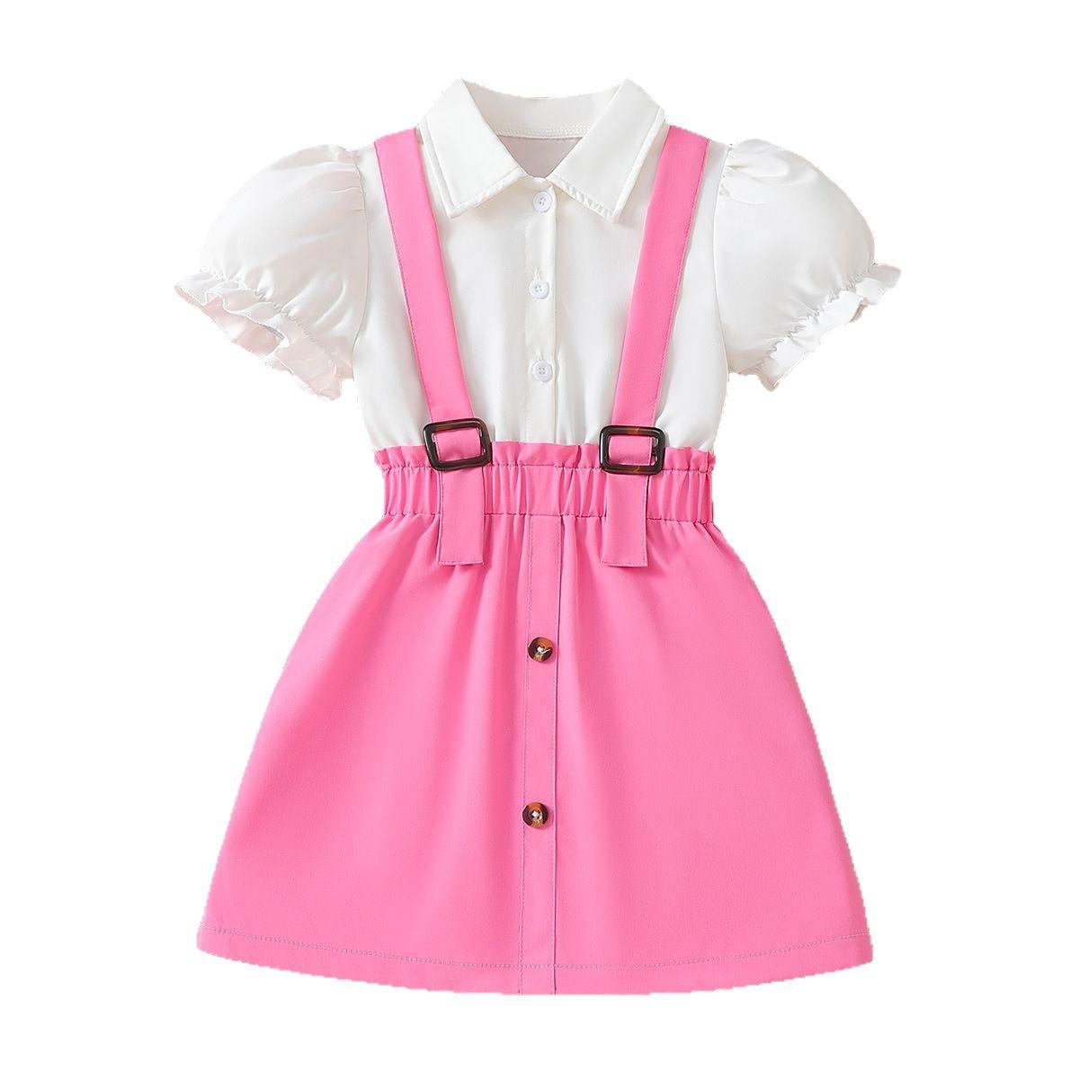 

3-10 лет Платье для девочек из двух частей с имитацией, розовое, со вставками на бретелях, рукавами-фонариками, белым топом-рубашкой, милая детская юбка 9Y-10Y