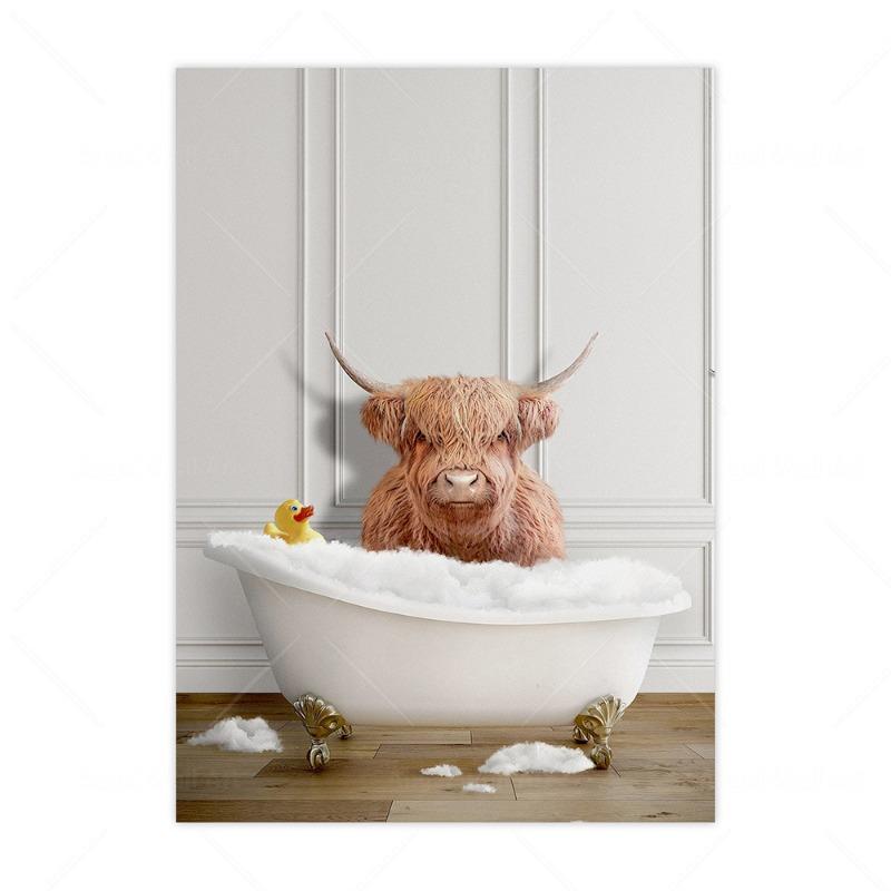 Funny And Cute Animal Canvas Prints Bathroom Wall Art Posters Highland Cow Giraffe Lion Take Shower Pictures For Washroom Decor