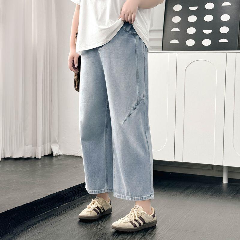 

Plus size women clothing [Curved Knife Jeans] Retro Casual Patchwork High-Grade Chubby Girl High Waist Slimming Cropped Pants
