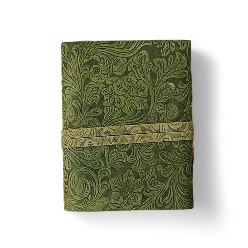 Handmade Green Floral Leather Journal: Vintage Deckle Edge Paper, Antique Key