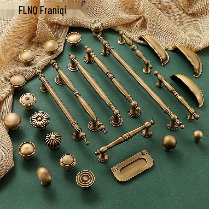 Yellow Bronze Retro French Cabinet Handle - Pure Copper for Wardrobe and Drawer