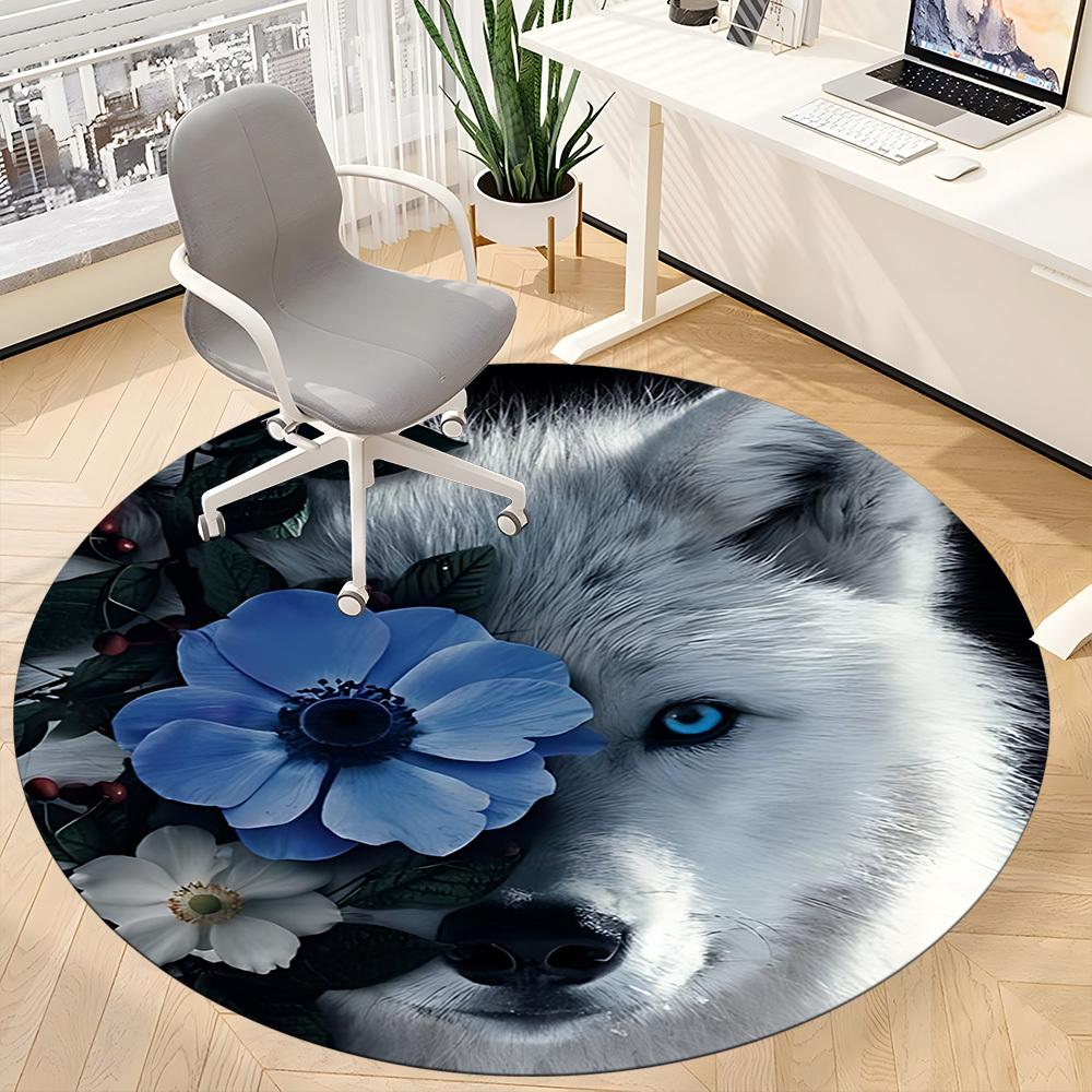 1pc Wolf Flowers Office Round Area Rug, Indoor Mat Suitable ForOffice, Under Office Chairs Bedroom Living Room Home Decor, Room Deco T183