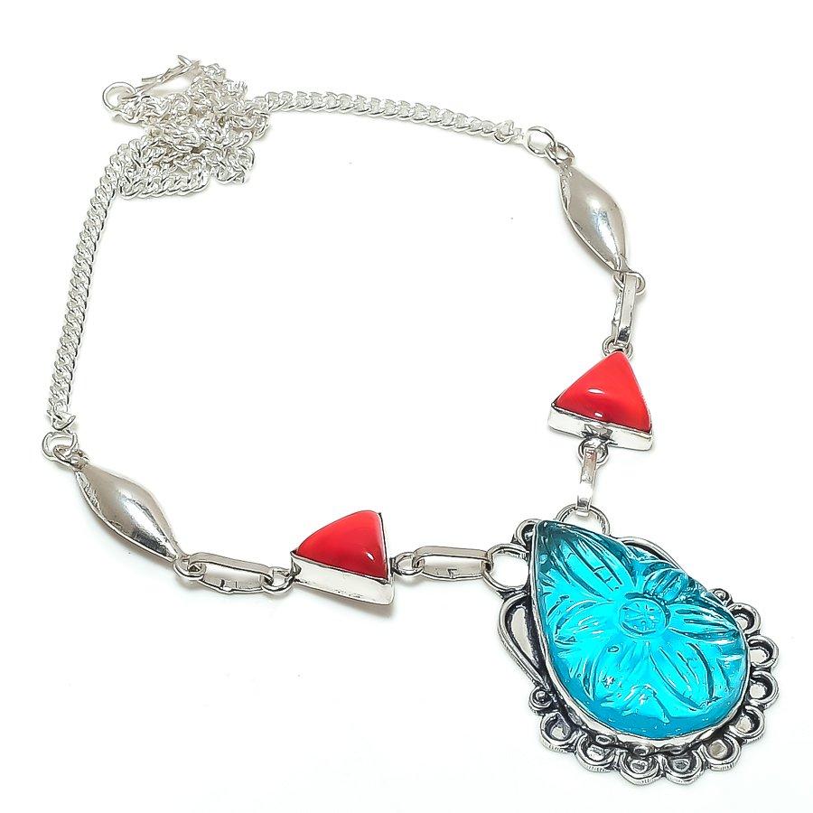 Blue Topaz Carving, Coral Gemstone 925 Sterling Silver Jewelry Necklace 18"