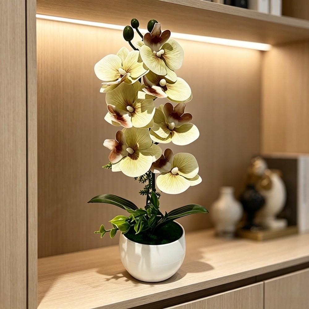 With White Pot Artificial Orchid Potted Flower Pink Artificial Faux Plants Indoor Decoration