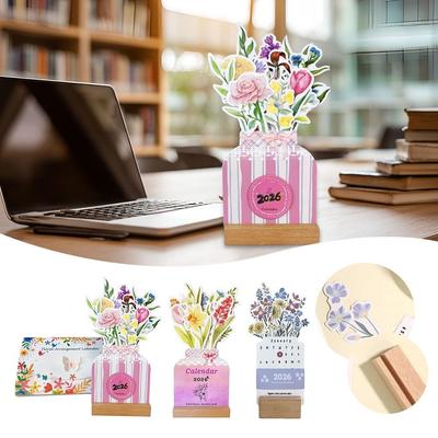 Detachable Base Bloomy Flowers Desk Calendar Wooden Base Floral Desk Calendar  for New Year