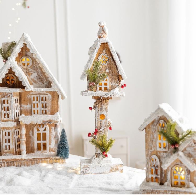 Table Display Christmas Cottage Ornament with Light Effect, Wooden Snow Cabin Decoration for Tabletop Shelf Styling
