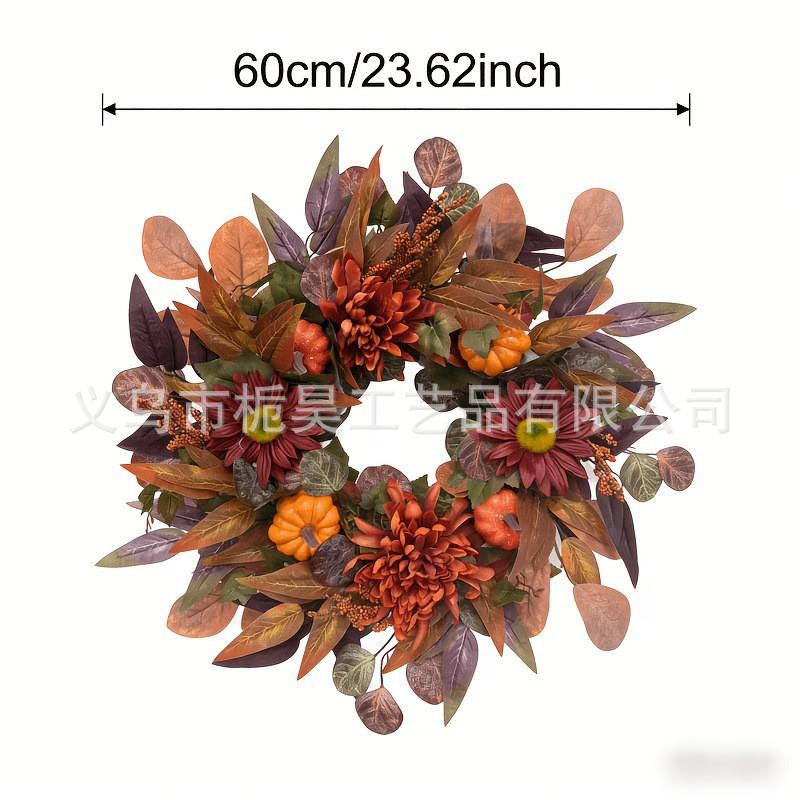 Harvest Wreath With Artificial Maple Leaves Thanksgiving Fall Decor Outdoor Hanging Ornament 60cm